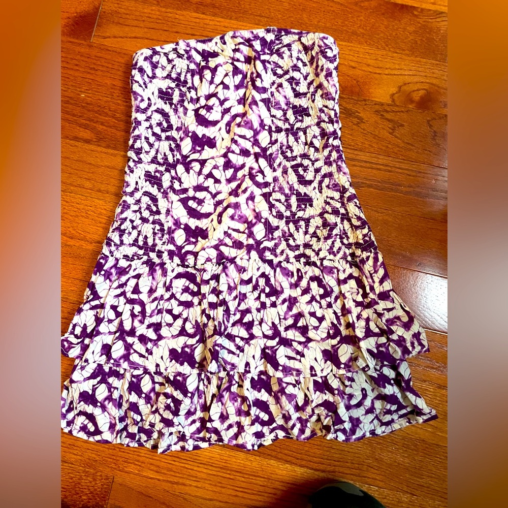 moda international strapless Xs ruffle cream and purple dress 100% cotton